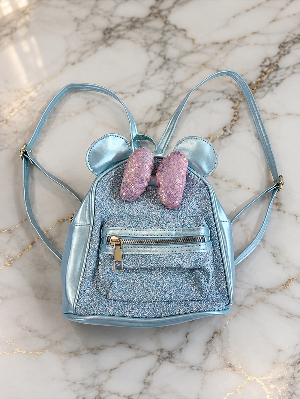 Mini Backpack Light Blue Glitter Pink Sequin Bow Small Metallic NEW